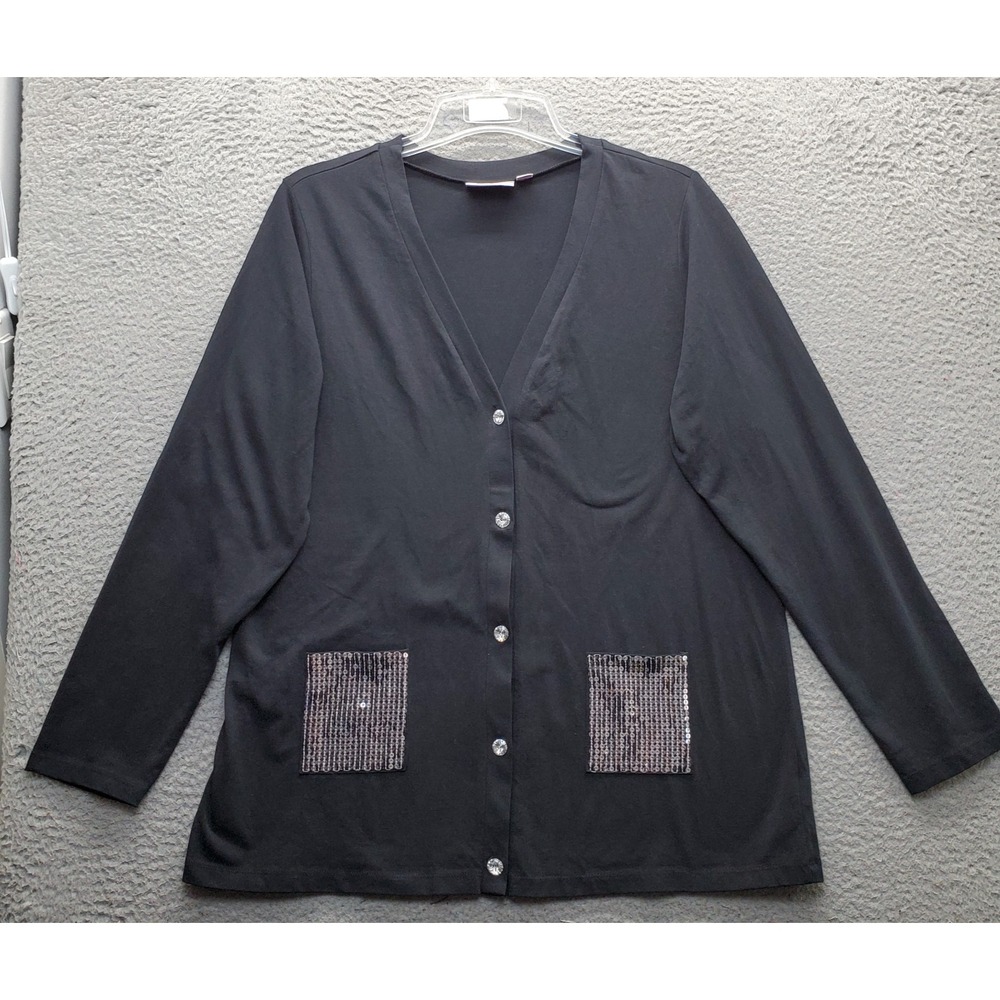 Quacker Factory Cardigan Womens Large Black Sequin Pockets Button Front EUC